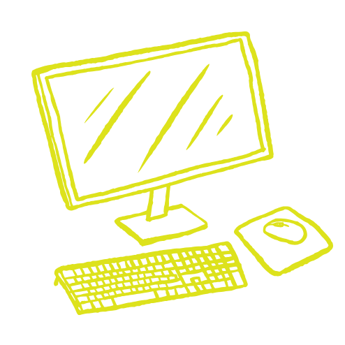 A minimalist yellow line drawing of a desktop computer setup, including a monitor, keyboard, and mouse, centered on a plain white background.