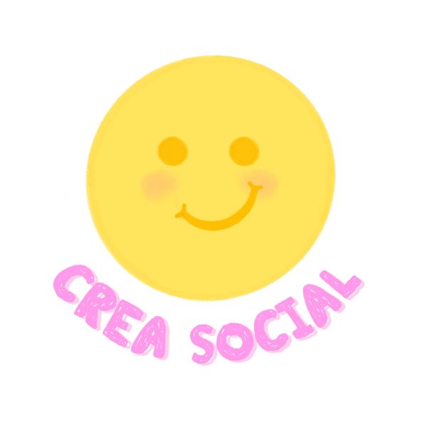 A yellow smiley face with pink cheeks and a curved smile, above the pink text 'CREA SOCIAL' on a plain white background.